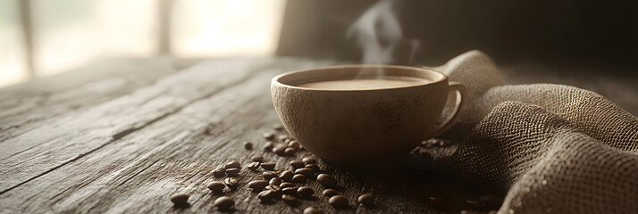 Steaming Coffee Cup – Warm Beverage with Coffee Beans on Wooden Table