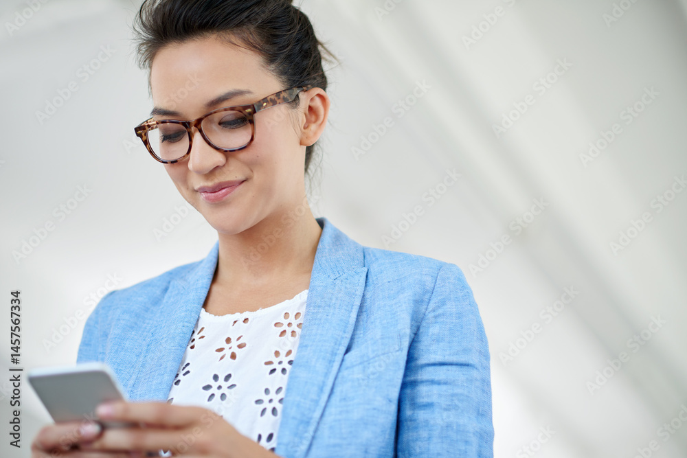Poster businesswoman, happy and smartphone or typing in office, communication and social networking in crea