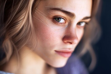 Fototapeta premium young woman with contour lines drawn on cheeks and forehead, tutorial step