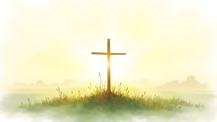 Serene digital watercolor of wooden cross amid marsh grasses, bathed in golden sunrise light. Minimalist spiritual scene with copy space, symbolizing hope, faith, and renewal in nature.