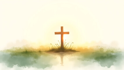 Serene digital watercolor of wooden cross amid marsh grasses, bathed in golden sunrise light. Minimalist spiritual scene with copy space, symbolizing hope, faith, and renewal in nature.