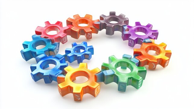 Colorful Interlocking Gears Teamwork Collaboration Machine Parts Rainbow 3D Render Technology Innovation Success Business Strategy Engineering Mechanism Design Colorful Cogwheels  