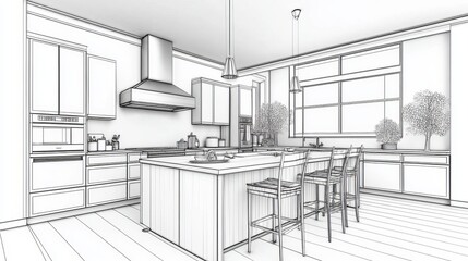 Fototapeta premium Modern Kitchen Design Blueprint Architectural Sketch Elegant Home Interior Island White Cabinets Stylish Apartment Drawing Luxury House Plan Home Renovation Project Modern House 