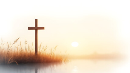Wooden cross amid marsh grasses, soft sunrise light. Minimalist watercolor with copy space, symbolizing tranquility and spirituality.