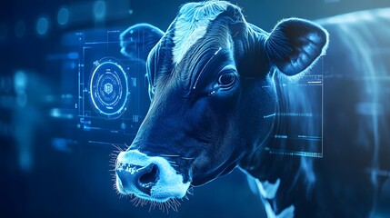 Futuristic cow portrait with digital overlays suggesting data analysis, artificial intelligence, and advanced agricultural technology.