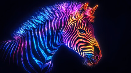 Dazzling neon zebra shining brightly on black background image. [Neon Beasts] | Aurora Fur | radiant mane. Illustration