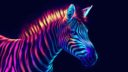 Dazzling neon zebra shining brightly on black background image. [Neon Beasts] | Aurora Fur | radiant mane. Illustration