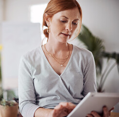 Tablet, reading email or business woman research information or network online in startup. Digital...