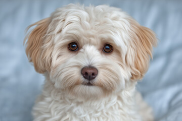 Portrait of fluffy cream-colored dog with curly fur and brown eyes on soft background