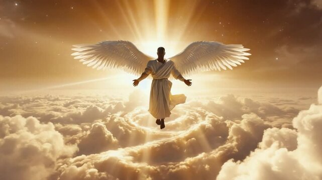 Powerful animation of an angelic being with glowing wings descending from above. Ideal for fantasy and spiritual visuals.