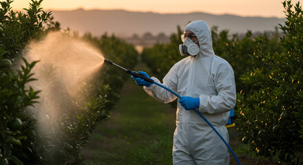 Person in White Protective Suit Spraying Green Plants on Farm at Sunset with a Focused Rural Scene