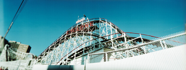 Panoramic low angle view of a rollercoaster, Coney Island Cyclone, Coney Island, Brooklyn, New York City, New York State, USA.