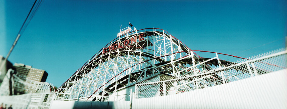Panoramic low angle view of a rollercoaster, Coney Island Cyclone, Coney Island, Brooklyn, New York City, New York State, USA.
