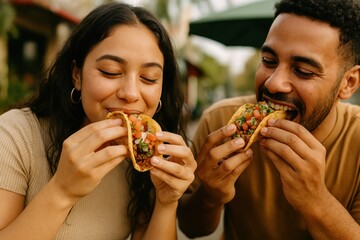 Joyful friends enjoying tacos together.
