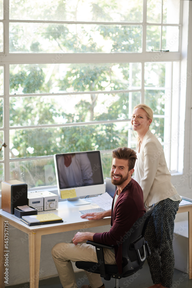 Poster smile, man and woman on computer in office for research, planning and ideas as web designer with man