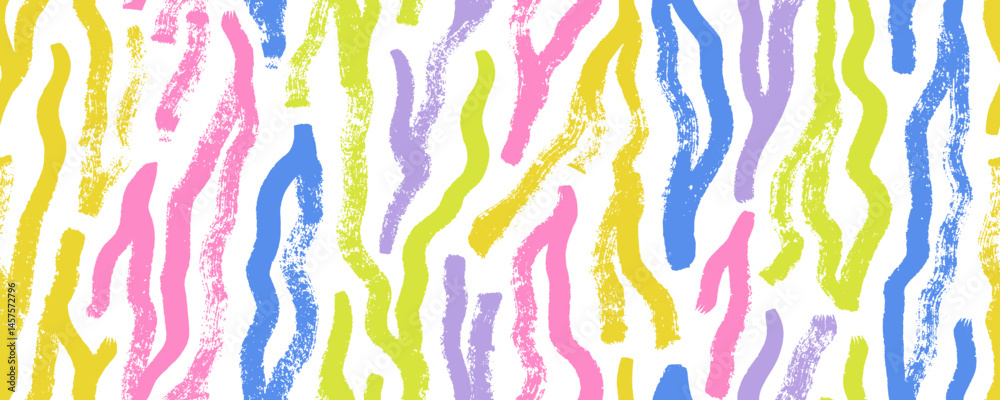Poster Colorful zebra motif seamless pattern with bold brush drawn vertical wavy strokes. Hand drawn graphic texture for kid's wrapping paper. Funky contemporary vector texture. Y2k aesthetic design.