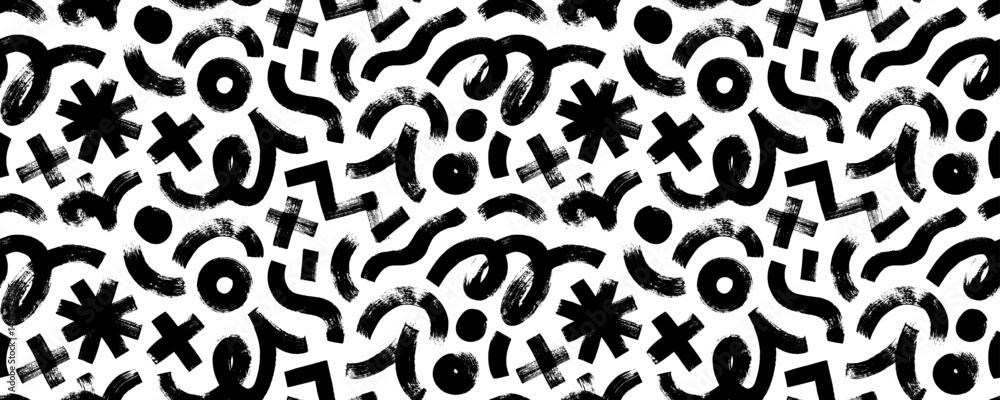 Poster Abstract funky seamless pattern with childish bold geometric lines, figures and quirky shapes. Hand drawn doodle grunge background with dry brush texture. Vector thick marker strokes and curls.