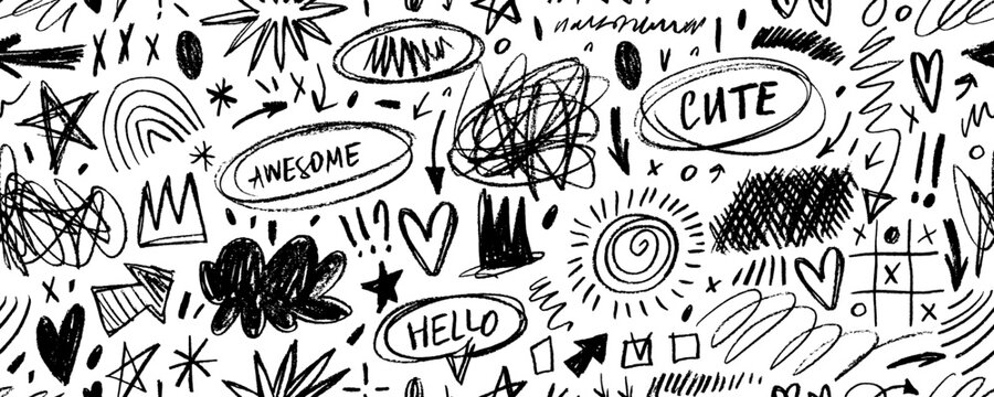 Punk doodle scribbles seamless pattern. Kid's drawings, hand drawn childish funky shapes, crayon drawn squiggles and scrawls. Creative abstract vector messy doodles background. Quirky scribbles.