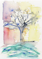 A delicate watercolor painting of a tree bathed in soft pastel light, hand-made watercolor