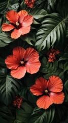 Obraz premium Vibrant Coral Hibiscus and Tropical Leaves