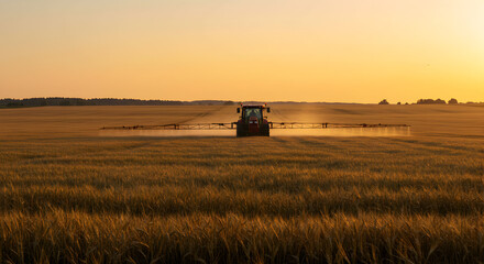 Fototapeta premium Red Tractor Sprays Wheat Field at Sunset Golden Warm Light Agricultural Activity and Farm in Rural Landscape with Distant Building