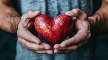 Loving Hands Holding a Red Wooden Heart Symbol of Care Compassionate Charity Giving Generous Heartfelt Love Romantic Passionate Affectionate Tenderness Deep Feeling Emotional      