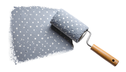 handheld paint roller with half-dipped soft grey polka dot paint stroke on edge; isolated
