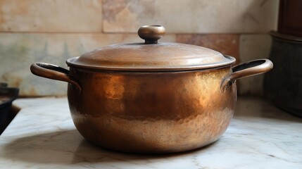 Antique Brass Cooking Pot with Lid Vintage Kitchenware Rustic Home Decor Old Copper Pot Metal Kitchen Utensil Traditional Design Brown Metal Pot old pot brass pot metal pot 