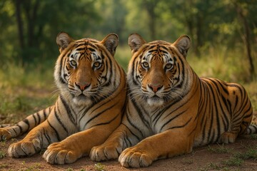 Majestic tigers resting together.