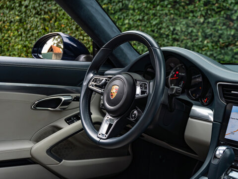 Porsche 911 Turbo 991 steering wheel and dashboard, Luxury sports car interior