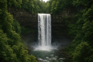 Obraz premium Majestic waterfall amidst lush greenery.