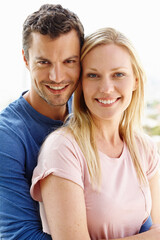 Couple, hug and portrait on balcony to relax in relationship, romance and weekend date in outdoor. People, embrace and together for affection in marriage, bonding and support or security on terrace