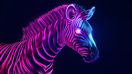 Dazzling neon zebra shining brightly on black background image. [Neon Beasts] | Electric Mane | shock lion. Illustration