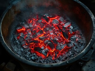 Glowing embers in a dark metal bowl, emitting smoke