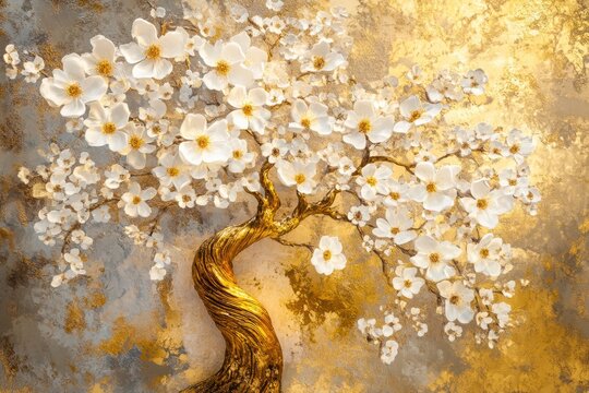 Golden tree with white blossoms against a textured golden and gray backdrop