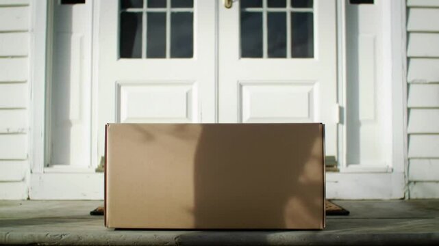 A delivery person placing a brown package in front of a white door on a doormat outside a house