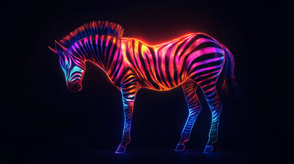 Fototapeta premium Dazzling neon zebra shining brightly on black background image. [Neon Beasts] | Electric Lurk | low glow. Illustration