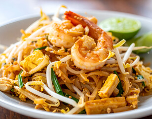 Delicious Pad Thai With Shrimp And Tofu On White Plate