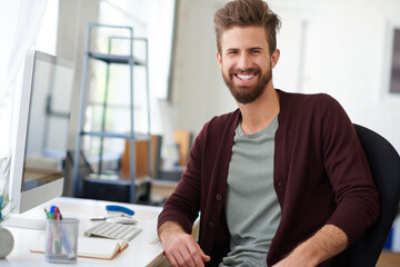 Fototapeta premium Employee, man and smile on portrait in office with pride for career, job growth and graphic designer. Workplace, creativity and happy or satisfied with startup company, business and opportunity