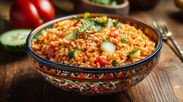 Ksr bulgur tomatoes cucumber and herbs colorful bowl side view