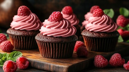 Delicious chocolate cupcakes topped with raspberry frosting.  Fresh raspberries and mint garnish