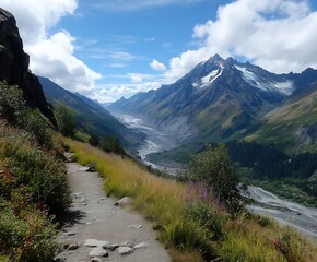 Landscape view of mountains, glacier valley, and sky. A dirt path is in the foreground.