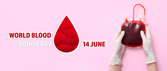 Female hands in rubber gloves with blood pack on pink background. World Blood Donor Day