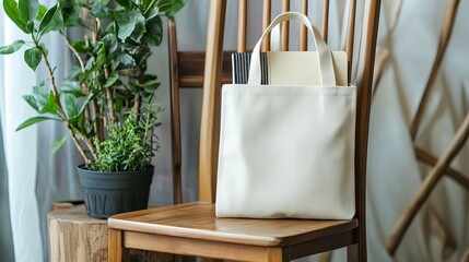 Blank Tote Bag Mockup on Wooden Chair Stylish Natural Beige Cotton Canvas Bag for Branding Design Minimalist Eco Friendly Shopping Bag Product Presentation Advertising Template    