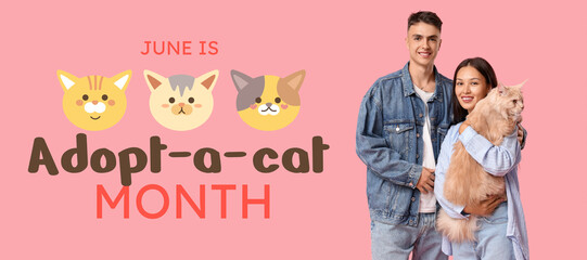 Beautiful young couple with cute Maine Coon cat on pink background