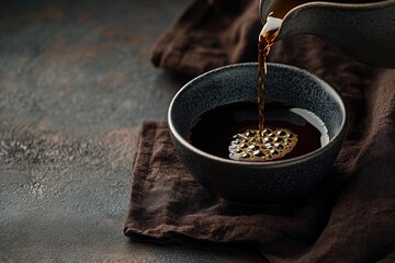 Dark liquid pours from a vessel into a small, dark bowl on a brown cloth
