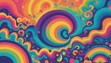 Psychedelic swirls of vibrant color intertwine in a dynamic composition evoking happiness and joy.