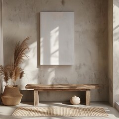 A white framed picture hangs on a wall. A wooden bench is in front of the picture. A vase is on the bench. A potted plant is on the floor