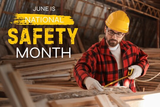 Male carpenter measuring wooden plank at sawmill. National Safety Month