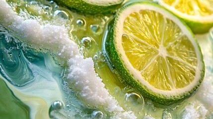 Margarita lime salt and tequila on the rocks traditional glass macro close up